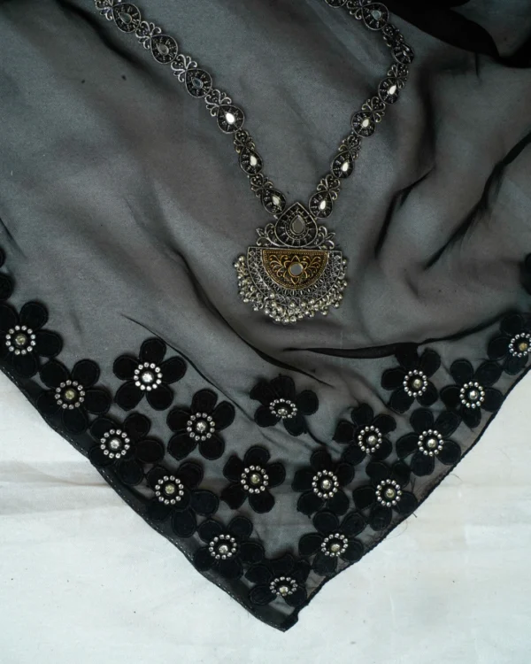 Black Translucence Organza fabric Black Floral Lace border Saree - Image 2