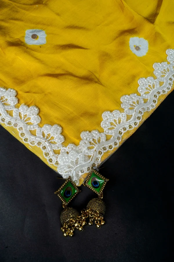 Dewy Sunflower Yellow Modal Silk fabric White beaded lace border Saree - Image 2