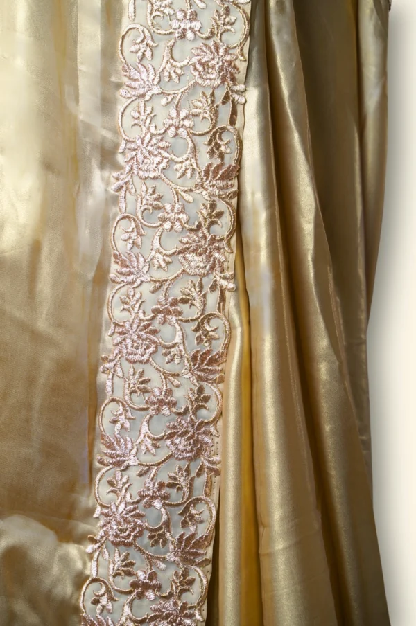 Faded Gold Armour Silk Satin fabric White & Gold netted lace border Saree - Image 4