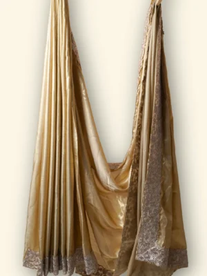 Faded Gold Armour Silk Satin fabric White & Gold netted lace border Saree