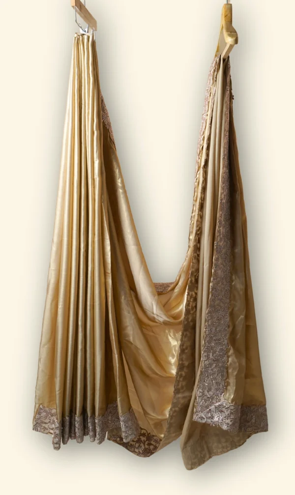 Faded Gold Armour Silk Satin fabric White & Gold netted lace border Saree