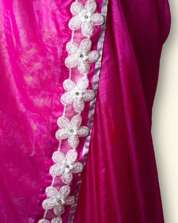 Jasmine & Rose Plain Organza White Pearl Flowers Saree - Image 5