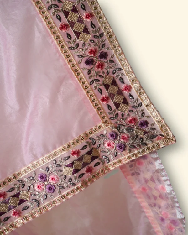 Subtle Blush Light Pink Plain Organza Fabric Plain Lace border Saree - Image 3