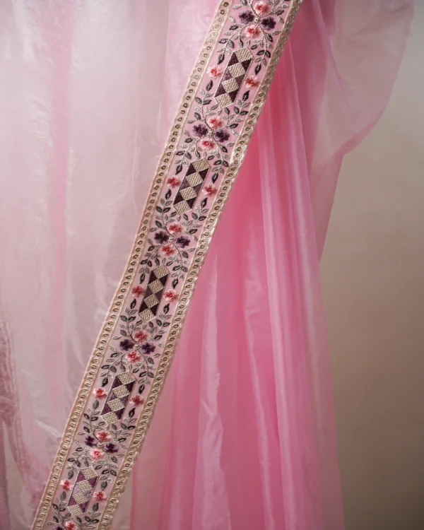Subtle Blush Light Pink Plain Organza Fabric Plain Lace border Saree - Image 4