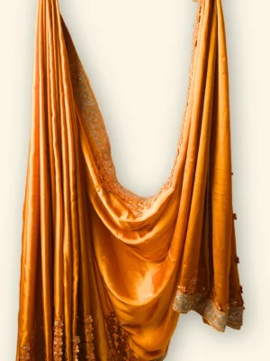 Ochre Aura Yellow Silk satin Gold Zari Lace + Crochet Floral Work border Saree