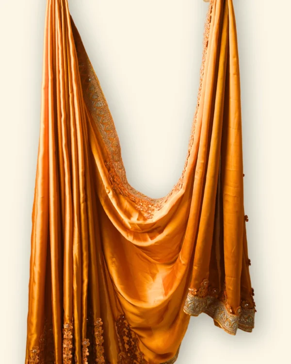 Ochre Aura Yellow Silk satin Gold Zari Lace + Crochet Floral Work border Saree