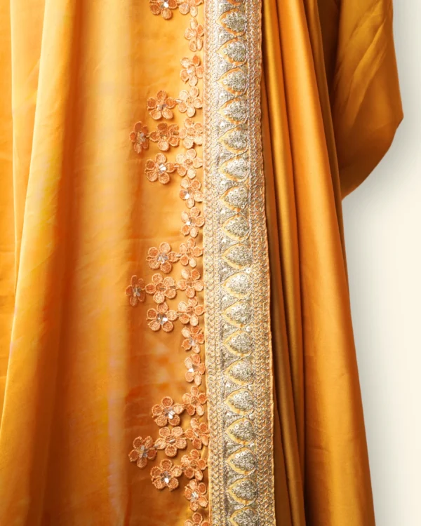 Ochre Aura Yellow Silk satin Gold Zari Lace + Crochet Floral Work border Saree - Image 3