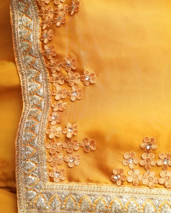 Ochre Aura Yellow Silk satin Gold Zari Lace + Crochet Floral Work border Saree - Image 2