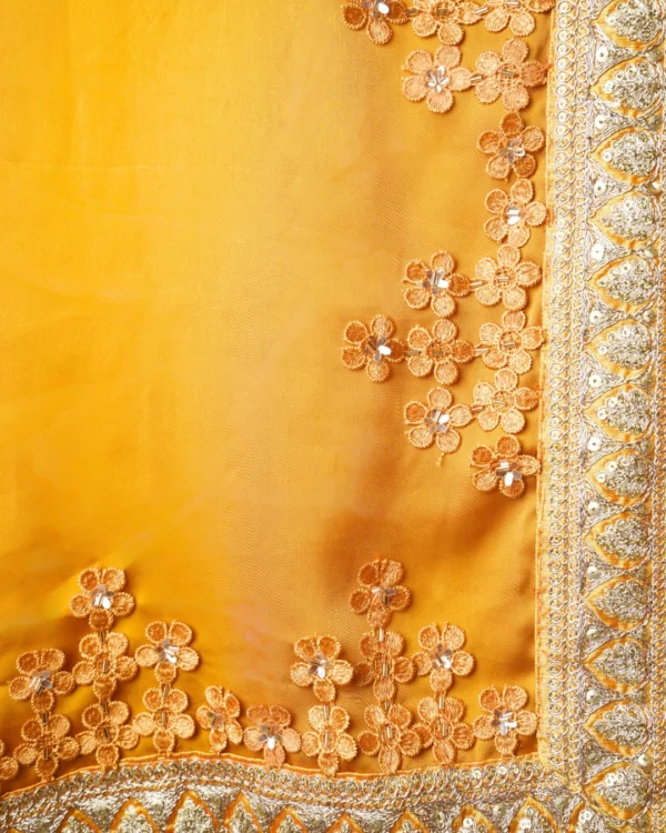 Ochre Aura Yellow Silk satin Gold Zari Lace + Crochet Floral Work border Saree - Image 4