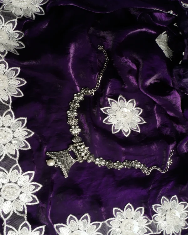 Power Purple Chiffon Diamond Fabric white pearl flowers border Saree - Image 2