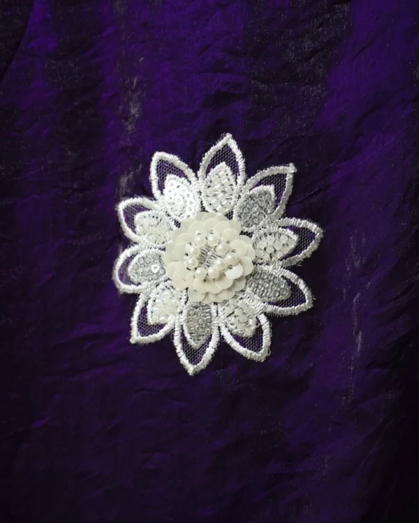 Power Purple Chiffon Diamond Fabric white pearl flowers border Saree - Image 4