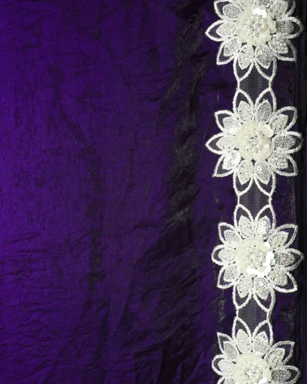 Power Purple Chiffon Diamond Fabric white pearl flowers border Saree - Image 5