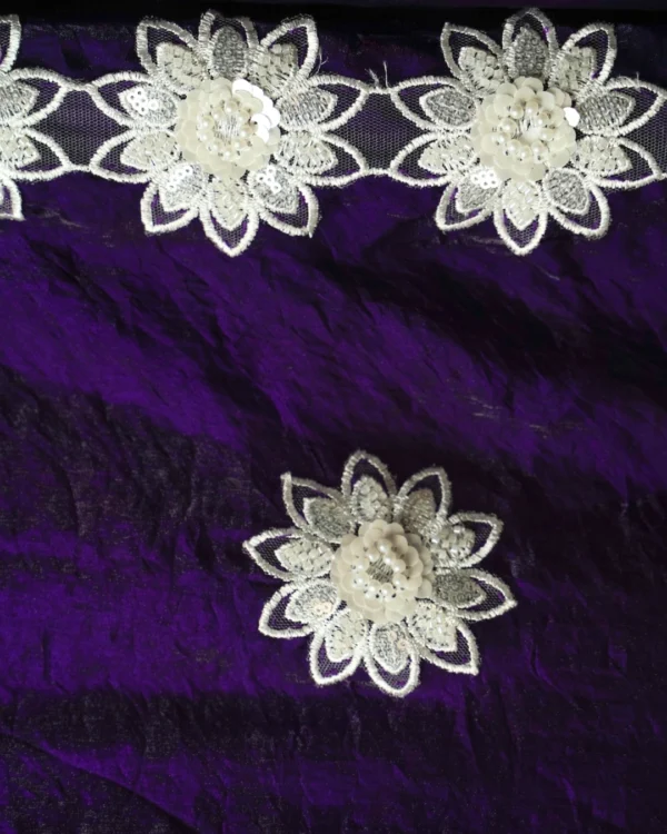 Power Purple Chiffon Diamond Fabric white pearl flowers border Saree - Image 3