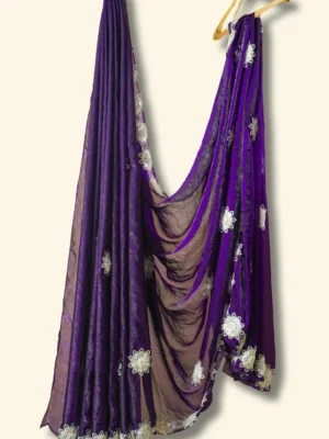Power Purple Chiffon Diamond Fabric white pearl flowers border Saree