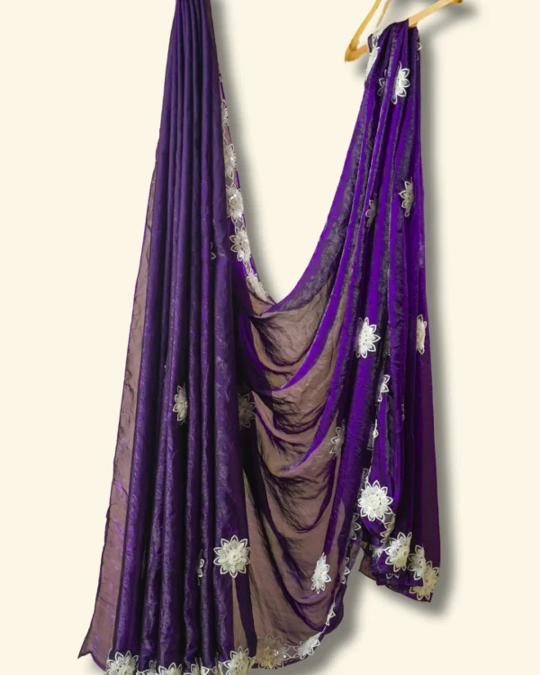 Power Purple Chiffon Diamond Fabric white pearl flowers border Saree