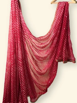 Ribbon Red Georgette Lehariya Fabric Gold & red thin lace border Saree