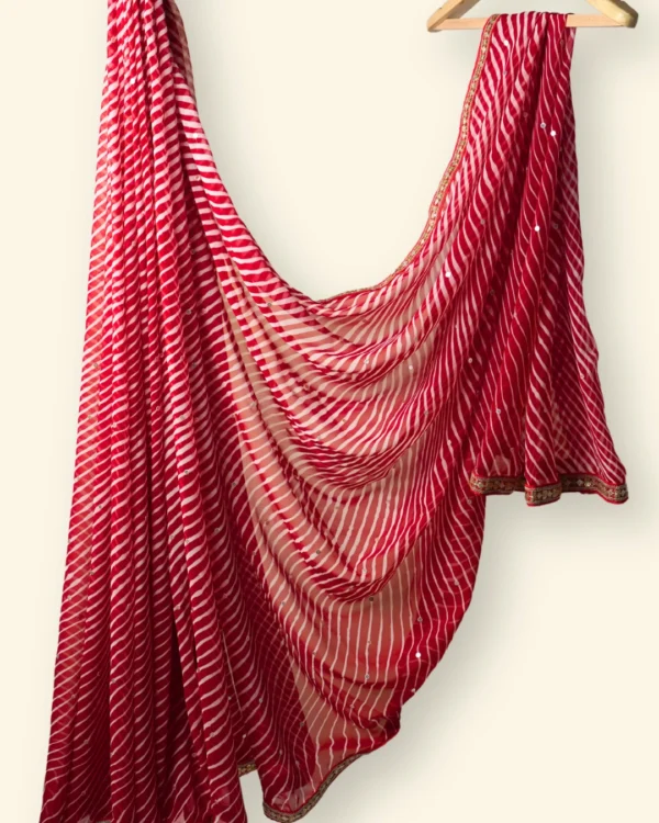 Ribbon Red Georgette Lehariya Fabric Gold & red thin lace border Saree