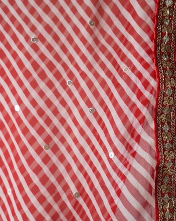 Ribbon Red Georgette Lehariya Fabric Gold & red thin lace border Saree - Image 3