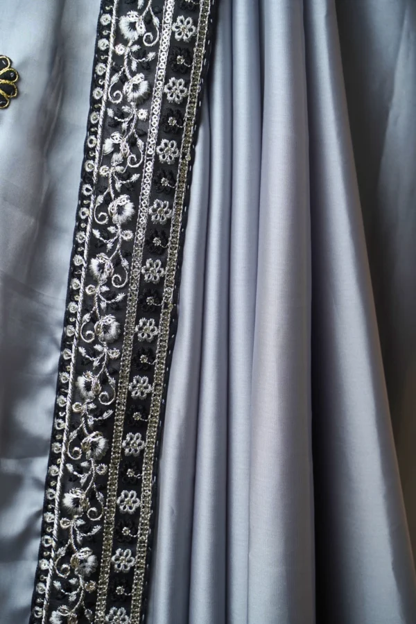 Silk Shadow Grey Silk Satin fabric Black beaded floral lace border Saree - Image 3
