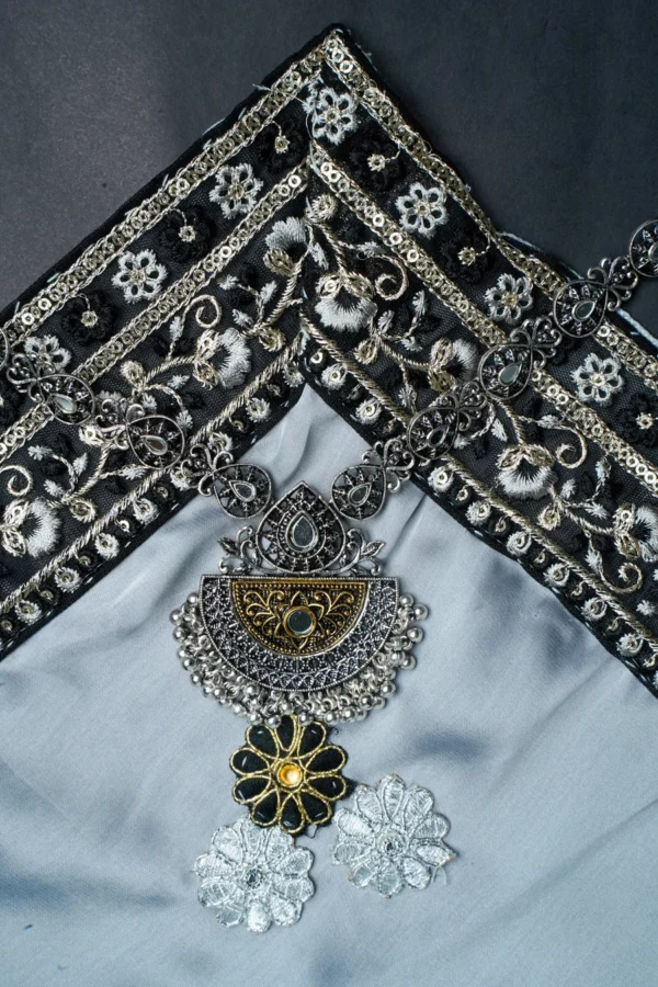 Silk Shadow Grey Silk Satin fabric Black beaded floral lace border Saree - Image 2