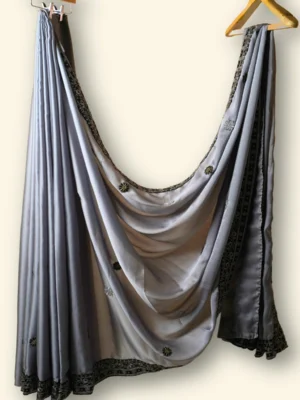 Silk Shadow Grey Silk Satin fabric Black beaded floral lace border Saree