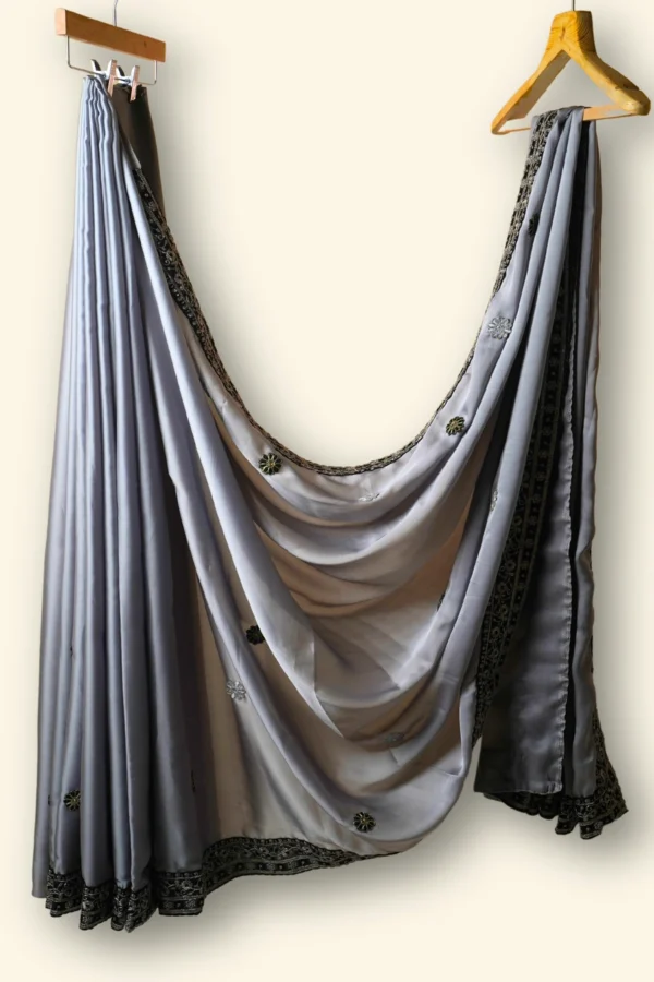 Silk Shadow Grey Silk Satin fabric Black beaded floral lace border Saree
