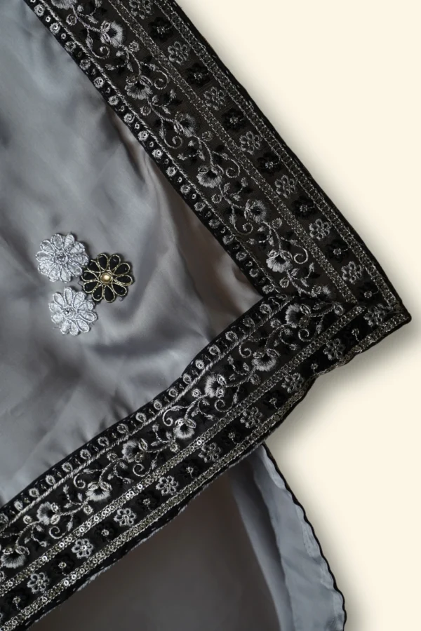 Silk Shadow Grey Silk Satin fabric Black beaded floral lace border Saree - Image 4