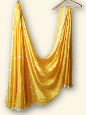 Dewy Sunflower Yellow Modal Silk fabric White beaded lace border Saree