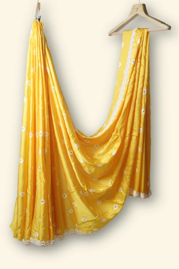 Dewy Sunflower Yellow Modal Silk fabric White beaded lace border Saree