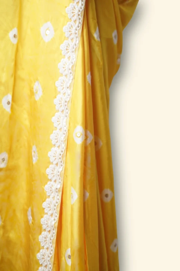 Dewy Sunflower Yellow Modal Silk fabric White beaded lace border Saree - Image 4