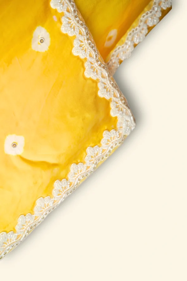 Dewy Sunflower Yellow Modal Silk fabric White beaded lace border Saree - Image 3