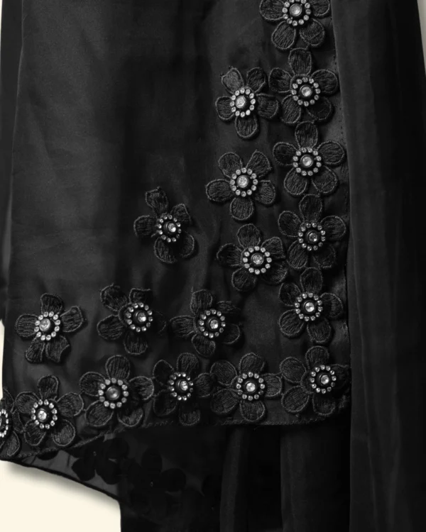 Black Translucence Organza fabric Black Floral Lace border Saree - Image 3