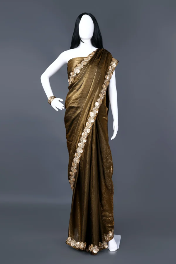 Warm Walnut Chiffon Diamond fabric Sequin beads Rose floral Lace border Saree