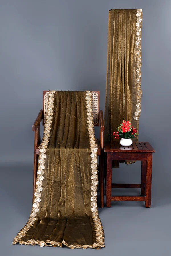 Warm Walnut Chiffon Diamond fabric Sequin beads Rose floral Lace border Saree - Image 3