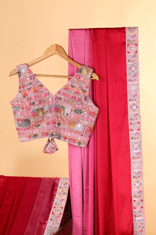 Strawberry Crush Pinkish Red Modal Silk Zari Margin Lace border Saree - Image 2