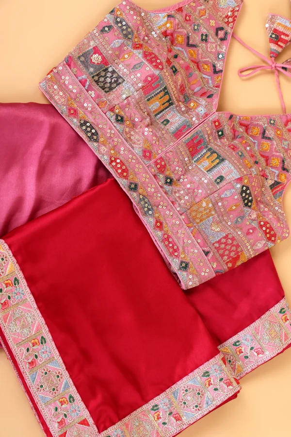 Strawberry Crush Pinkish Red Modal Silk Zari Margin Lace border Saree - Image 3