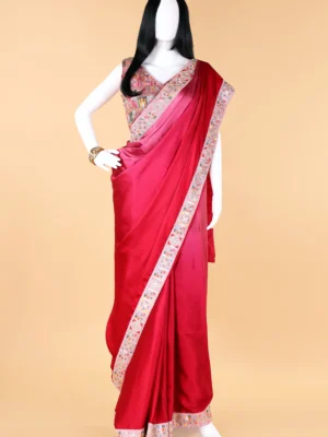 Strawberry Crush Pinkish Red Modal Silk Zari Margin Lace border Saree