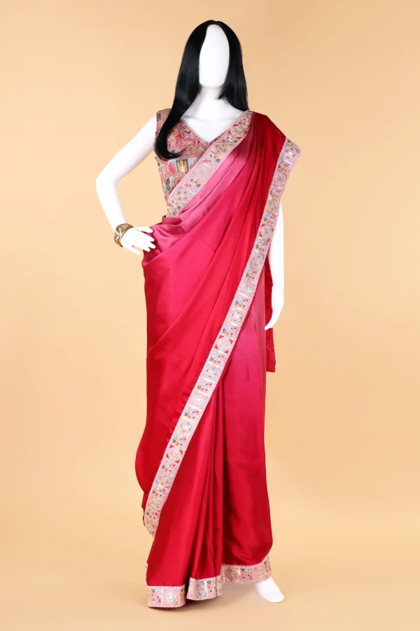 Strawberry Crush Pinkish Red Modal Silk Zari Margin Lace border Saree