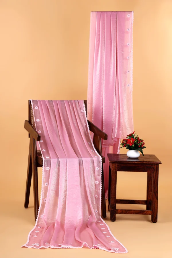 Ballet Slipper Pink Chiffon Diamond Floral Beads Lace border Saree - Image 2