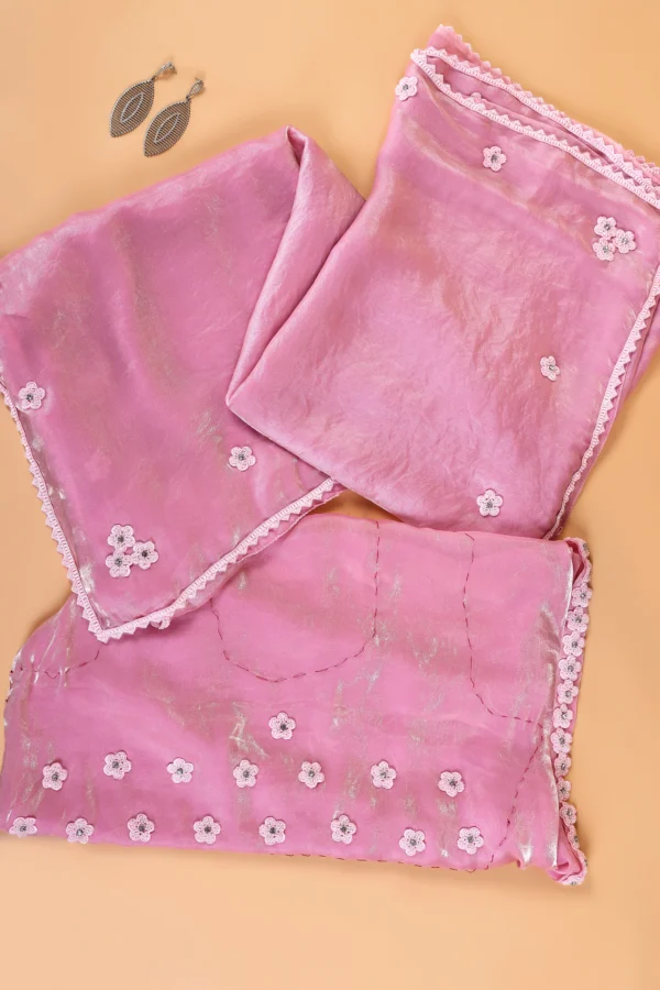 Ballet Slipper Pink Chiffon Diamond Floral Beads Lace border Saree - Image 4