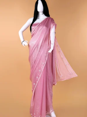 Ballet Slipper Pink Chiffon Diamond Floral Beads Lace border Saree