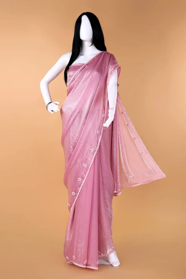 Ballet Slipper Pink Chiffon Diamond Floral Beads Lace border Saree
