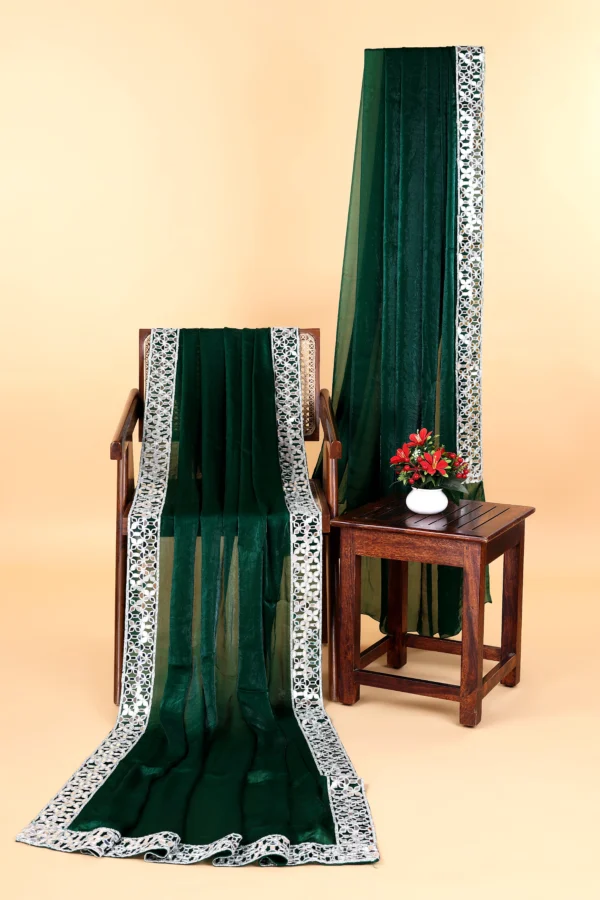 Deep Forest Green Chiffon Diamond Silver Mirror Lace border Saree - Image 4