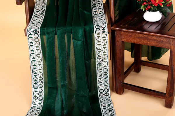 Deep Forest Green Chiffon Diamond Silver Mirror Lace border Saree - Image 3