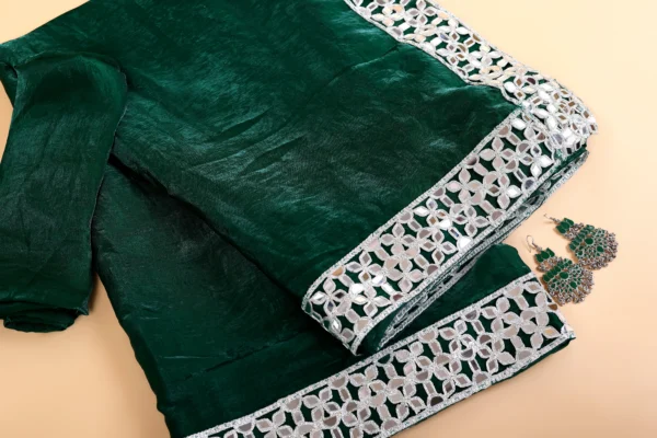 Deep Forest Green Chiffon Diamond Silver Mirror Lace border Saree - Image 2