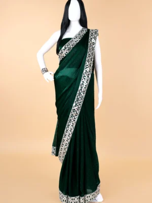 Deep Forest Green Chiffon Diamond Silver Mirror Lace border Saree