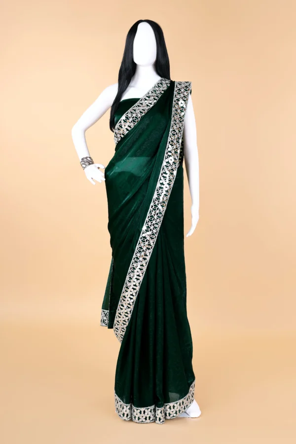 Deep Forest Green Chiffon Diamond Silver Mirror Lace border Saree