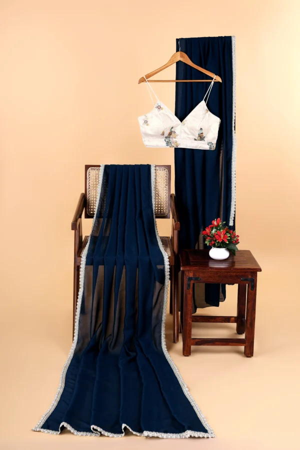 Dark Antic Blue Satin Duchess Cream white Lace border Saree - Image 4