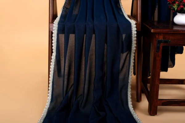 Dark Antic Blue Satin Duchess Cream white Lace border Saree - Image 3
