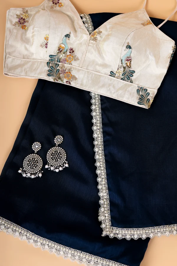 Dark Antic Blue Satin Duchess Cream white Lace border Saree - Image 2